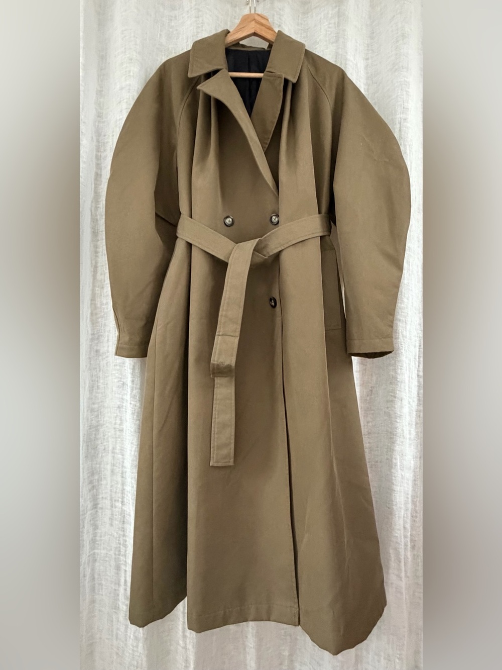 Long Olive Maxi Trench Coat with Waist Tie